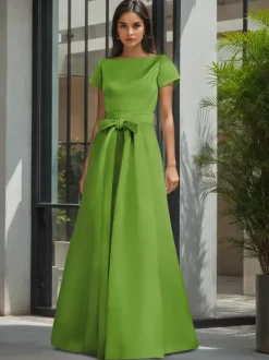 Robe de soirée pour la mère de la mariée col en V manches courtes ligne A ceinture robes d'invitées de mariage