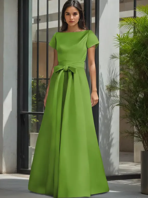 Robe de soirée pour la mère de la mariée col en V manches courtes ligne A ceinture robes d'invitées de mariage