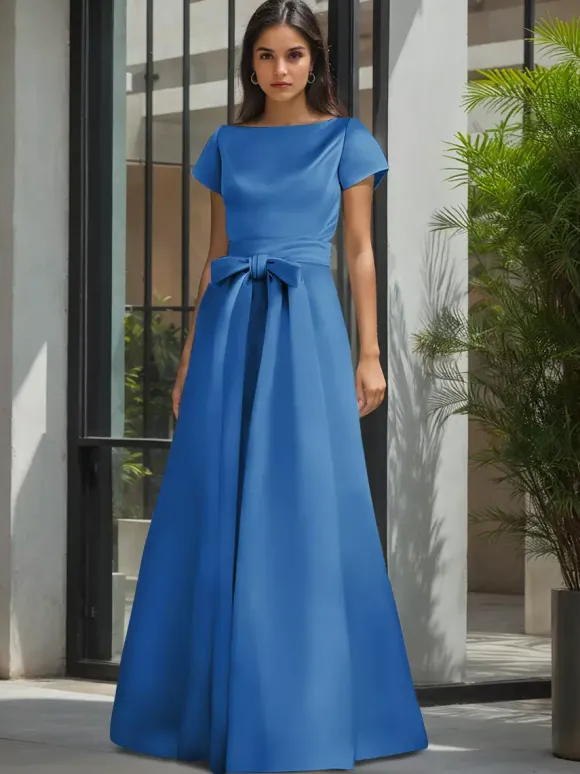 Robe de soirée pour la mère de la mariée col en V manches courtes ligne A ceinture robes d'invitées de mariage