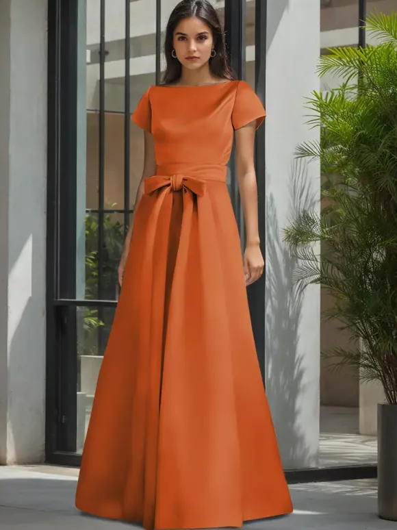 Robe de soirée pour la mère de la mariée col en V manches courtes ligne A ceinture robes d'invitées de mariage