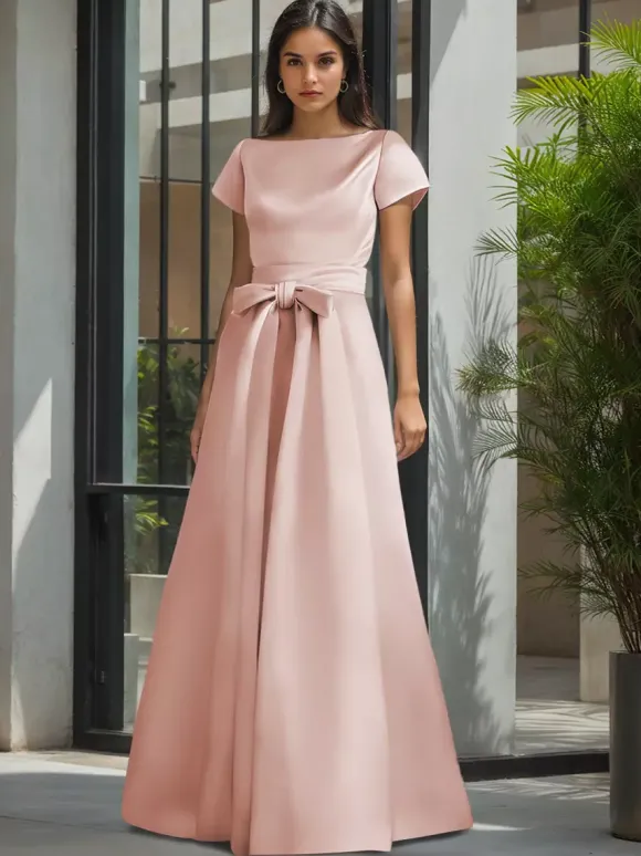Robe de soirée pour la mère de la mariée col en V manches courtes ligne A ceinture robes d'invitées de mariage
