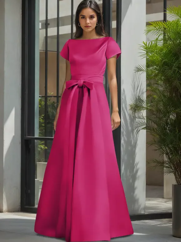 Robe de soirée pour la mère de la mariée col en V manches courtes ligne A ceinture robes d'invitées de mariage