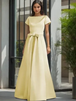 Robe de soirée pour la mère de la mariée col en V manches courtes ligne A ceinture robes d'invitées de mariage