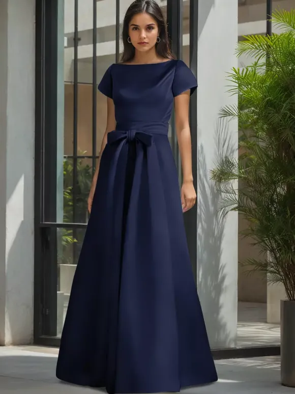 Robe de soirée pour la mère de la mariée col en V manches courtes ligne A ceinture robes d'invitées de mariage