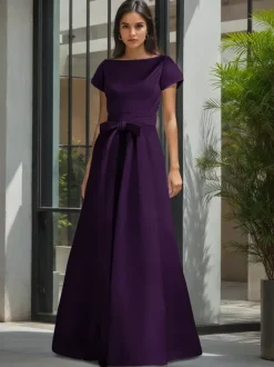 Robe de soirée pour la mère de la mariée col en V manches courtes ligne A ceinture robes d'invitées de mariage