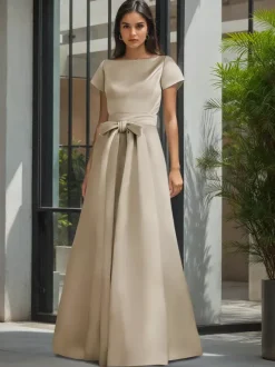 Robe de soirée pour la mère de la mariée col en V manches courtes ligne A ceinture robes d'invitées de mariage