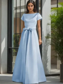 Robe de soirée pour la mère de la mariée col en V manches courtes ligne A ceinture robes d'invitées de mariage