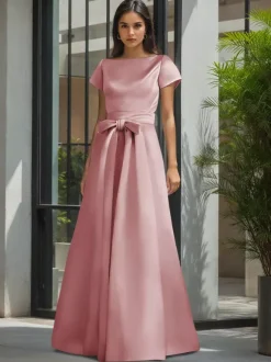 Robe de soirée pour la mère de la mariée col en V manches courtes ligne A ceinture robes d'invitées de mariage