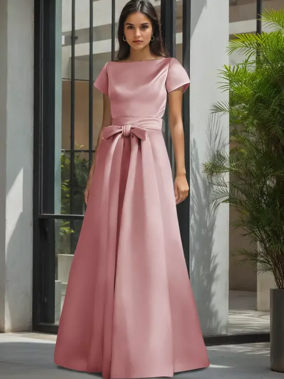 Robe de soirée pour la mère de la mariée col en V manches courtes ligne A ceinture robes d'invitées de mariage