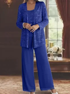 Robe de soirée pour la mère de la mariée col en bijoux manches longues deux pièces paillettes longueur cheville robes d'invité pour mariage