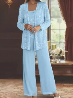 Robe de soirée pour la mère de la mariée col en bijoux manches longues deux pièces paillettes longueur cheville robes d'invité pour mariage