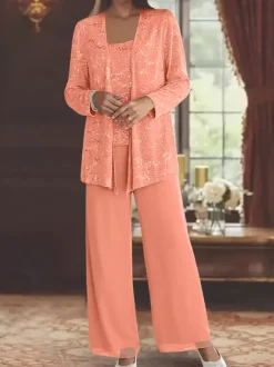 Robe de soirée pour la mère de la mariée col en bijoux manches longues deux pièces paillettes longueur cheville robes d'invité pour mariage