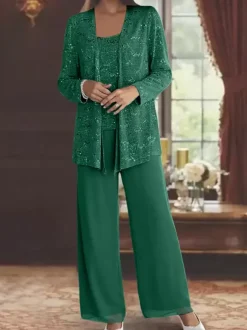 Robe de soirée pour la mère de la mariée col en bijoux manches longues deux pièces paillettes longueur cheville robes d'invité pour mariage