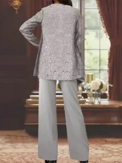 Robe de soirée pour la mère de la mariée col en bijoux manches longues deux pièces paillettes longueur cheville robes d'invité pour mariage