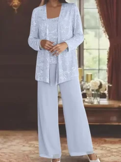 Robe de soirée pour la mère de la mariée col en bijoux manches longues deux pièces paillettes longueur cheville robes d'invité pour mariage