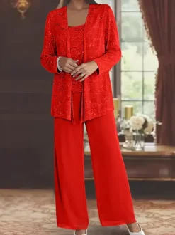 Robe de soirée pour la mère de la mariée col en bijoux manches longues deux pièces paillettes longueur cheville robes d'invité pour mariage
