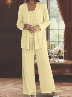 Robe de soirée pour la mère de la mariée col en bijoux manches longues deux pièces paillettes longueur cheville robes d'invité pour mariage