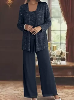 Robe de soirée pour la mère de la mariée col en bijoux manches longues deux pièces paillettes longueur cheville robes d'invité pour mariage