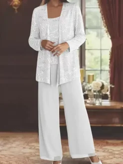 Robe de soirée pour la mère de la mariée col en bijoux manches longues deux pièces paillettes longueur cheville robes d'invité pour mariage