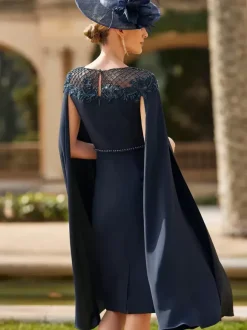 Robe de soirée pour la mère de la mariée col en bijoux manches longues fourreau fleurs robes d'invitées pour mariage