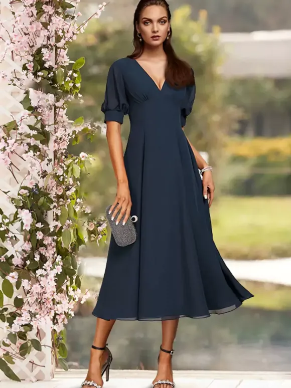 Robe de soirée pour la mère de la mariée col en V manches courtes A-ligne plissé thé longueur robes d'invité de mariage personnalisation gratuite