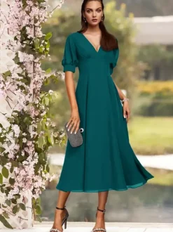 Robe de soirée pour la mère de la mariée col en V manches courtes A-ligne plissé thé longueur robes d'invité de mariage personnalisation gratuite