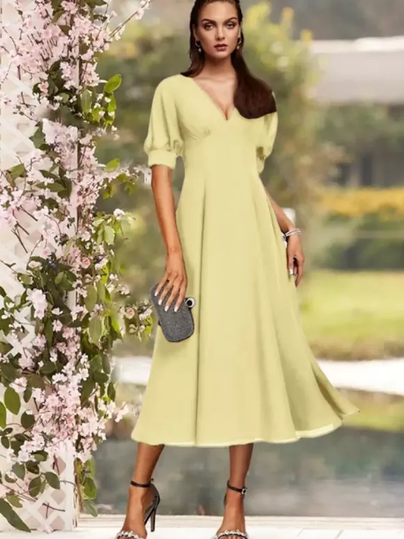 Robe de soirée pour la mère de la mariée col en V manches courtes A-ligne plissé thé longueur robes d'invité de mariage personnalisation gratuite