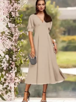Robe de soirée pour la mère de la mariée col en V manches courtes A-ligne plissé thé longueur robes d'invité de mariage personnalisation gratuite