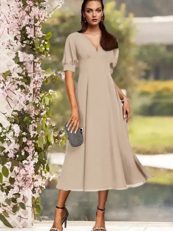 Robe de soirée pour la mère de la mariée col en V manches courtes A-ligne plissé thé longueur robes d'invité de mariage personnalisation gratuite