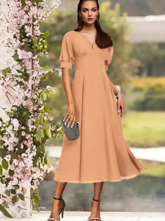 Robe de soirée pour la mère de la mariée col en V manches courtes A-ligne plissé thé longueur robes d'invité de mariage personnalisation gratuite