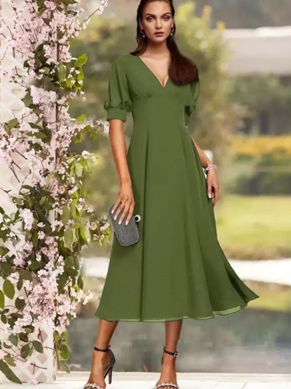 Robe de soirée pour la mère de la mariée col en V manches courtes A-ligne plissé thé longueur robes d'invité de mariage personnalisation gratuite