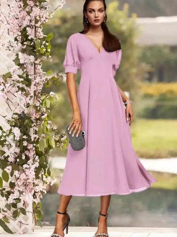 Robe de soirée pour la mère de la mariée col en V manches courtes A-ligne plissé thé longueur robes d'invité de mariage personnalisation gratuite
