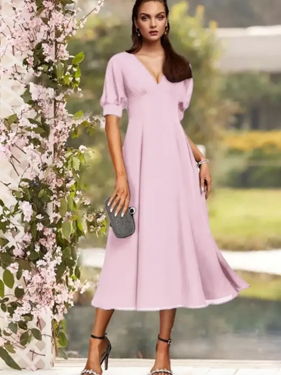 Robe de soirée pour la mère de la mariée col en V manches courtes A-ligne plissé thé longueur robes d'invité de mariage personnalisation gratuite