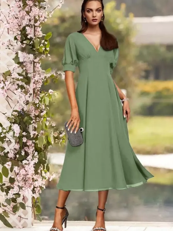 Robe de soirée pour la mère de la mariée col en V manches courtes A-ligne plissé thé longueur robes d'invité de mariage personnalisation gratuite