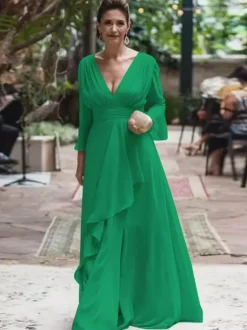 Robe de soirée pour la mère de la mariée col en V manches longues ligne A volants longueur au sol robes d'invitées de mariage
