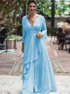 Robe de soirée pour la mère de la mariée col en V manches longues ligne A volants longueur au sol robes d'invitées de mariage