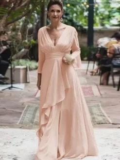 Robe de soirée pour la mère de la mariée col en V manches longues ligne A volants longueur au sol robes d'invitées de mariage