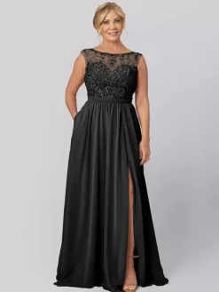 Robe de soirée pour la mère de la mariée décolleté illusion sans manches robe de bal découpée robes d'invitées pour mariage