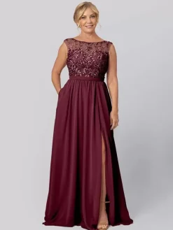 Robe de soirée pour la mère de la mariée décolleté illusion sans manches robe de bal découpée robes d'invitées pour mariage