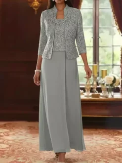 Robe de soirée pour la mère de la mariée col carré manches 3/4 robe d'invitée deux pièces en dentelle pour un mariage