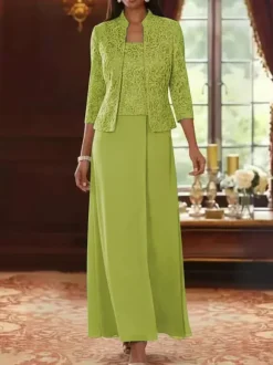 Robe de soirée pour la mère de la mariée col carré manches 3/4 robe d'invitée deux pièces en dentelle pour un mariage