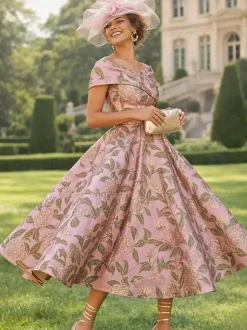 Robe de soirée pour la mère de la mariée décolleté travaillé manches courtes coupe trapèze longueur thé.