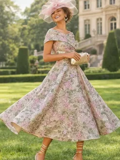 Robe de soirée pour la mère de la mariée décolleté travaillé manches courtes coupe trapèze longueur thé.
