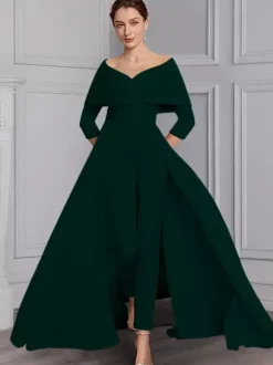 Robe de soirée pour la mère de la mariée décolleté conçu manches 3/4 combinaison ceinture longueur au sol robes d'invitées de mariage
