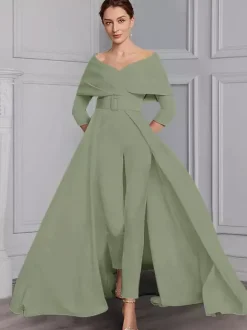 Robe de soirée pour la mère de la mariée décolleté conçu manches 3/4 combinaison ceinture longueur au sol robes d'invitées de mariage
