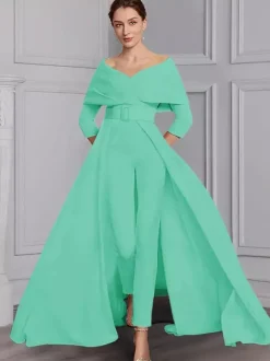 Robe de soirée pour la mère de la mariée décolleté conçu manches 3/4 combinaison ceinture longueur au sol robes d'invitées de mariage