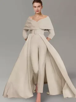 Robe de soirée pour la mère de la mariée décolleté conçu manches 3/4 combinaison ceinture longueur au sol robes d'invitées de mariage