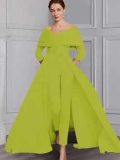 Robe de soirée pour la mère de la mariée décolleté conçu manches 3/4 combinaison ceinture longueur au sol robes d'invitées de mariage