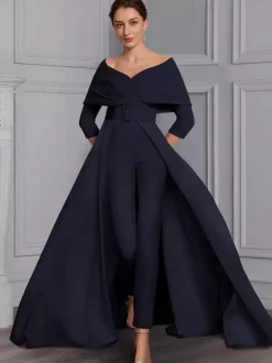 Robe de soirée pour la mère de la mariée décolleté conçu manches 3/4 combinaison ceinture longueur au sol robes d'invitées de mariage