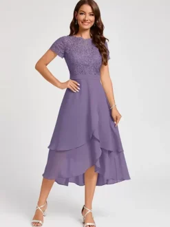 Robe de soirée pour mère de la mariée col bijou manches courtes ligne a robes d'invitées asymétriques pour mariage